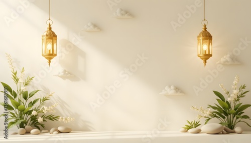 Elegant Ramadan Lanterns with Plants and Clouds in a Neutral Setting