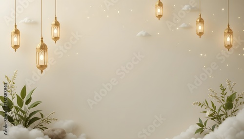 Elegant Gold Lanterns Hanging with Plants and Clouds Ramadan Background