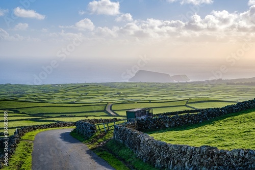 Obraz na płótnie Terceira Green Pathways: Rural Scenery and Coastal Charm. Serene view of a country road in Terceira, showcasing the island's lush landscapes and coastal beauty. A rural road in the mountains in Azores w salonie