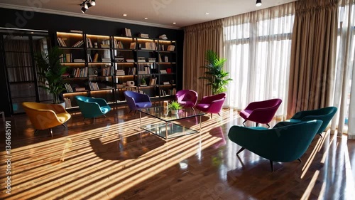 Sunlit modern lounge with vibrant chairs and wooden floors in elegant room setting