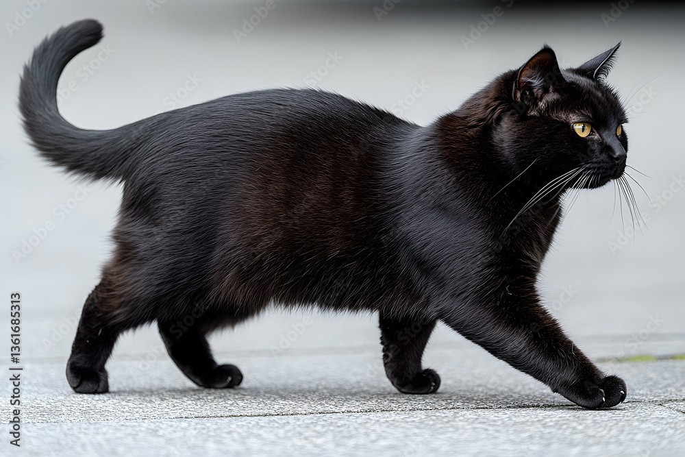 A sleek black cat confidently strides across a cobblestone path, with blurred urban scenery behind A sleek black cat confidently strides across a cobblestone path, with blurred urban scenery behind
