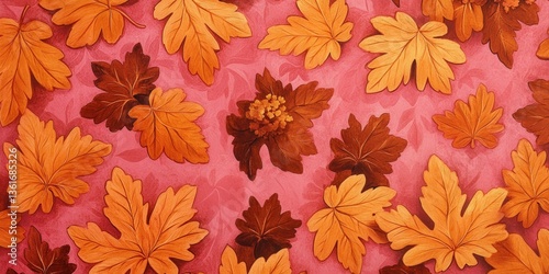 Detailed oak leaves in warm browns & oranges burst against a soft pink canvas. A stunning oil painting showcasing nature's beauty