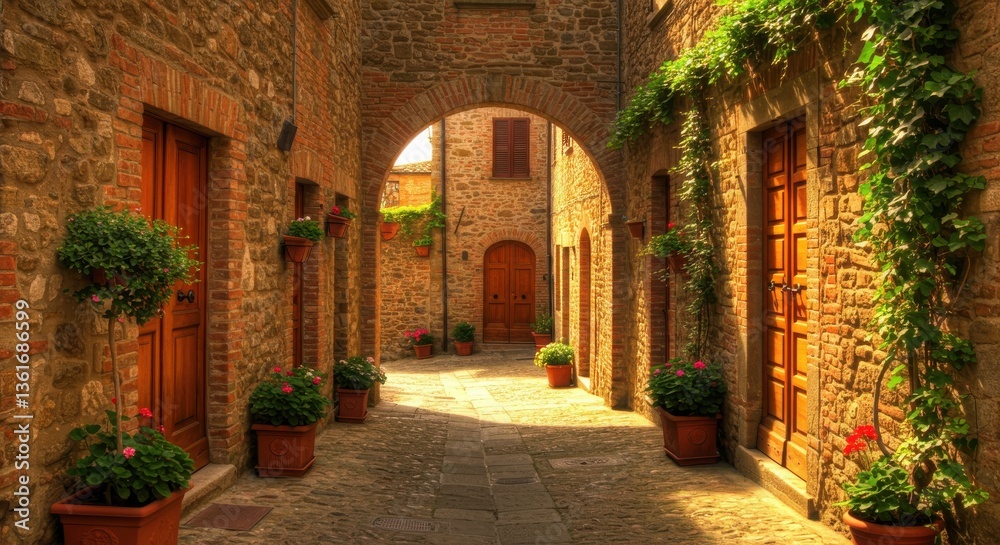 Fototapeta premium A picturesque italian alleyway with stone buildings and potted plants lining the cobblestone street