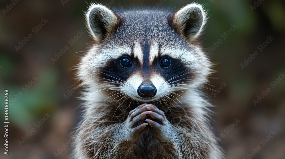 Intriguing raccoon portrait. Deep blue eyes and clasped paws draw you in. Soft fur and a blurred background create a captivating moment Intriguing raccoon portrait. Deep blue eyes and clasped paws draw you in. Soft fur and a blurred background create a captivating moment