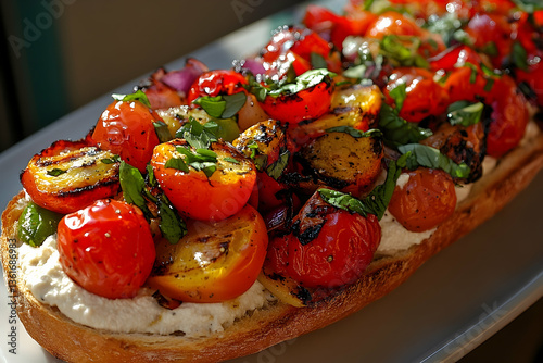 Grilled tomato and ricotta bruschetta, sunlit kitchen