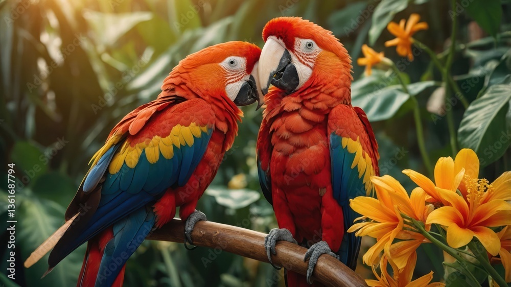 Obraz premium Two vibrant scarlet macaws perched together among lush greenery and bright flowers.