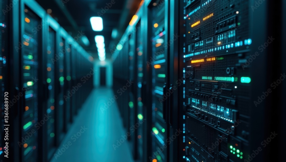 Empty underground corridor reflects the cool light of a data center network server room