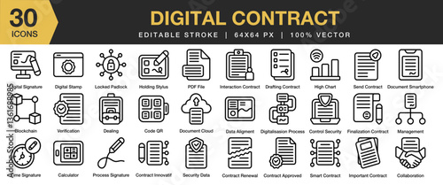 Digital Contract icon set. Editable Stroke Icon Collection. Includes document, online, internet, signature, electronic, and More. Outline icons vector collection.