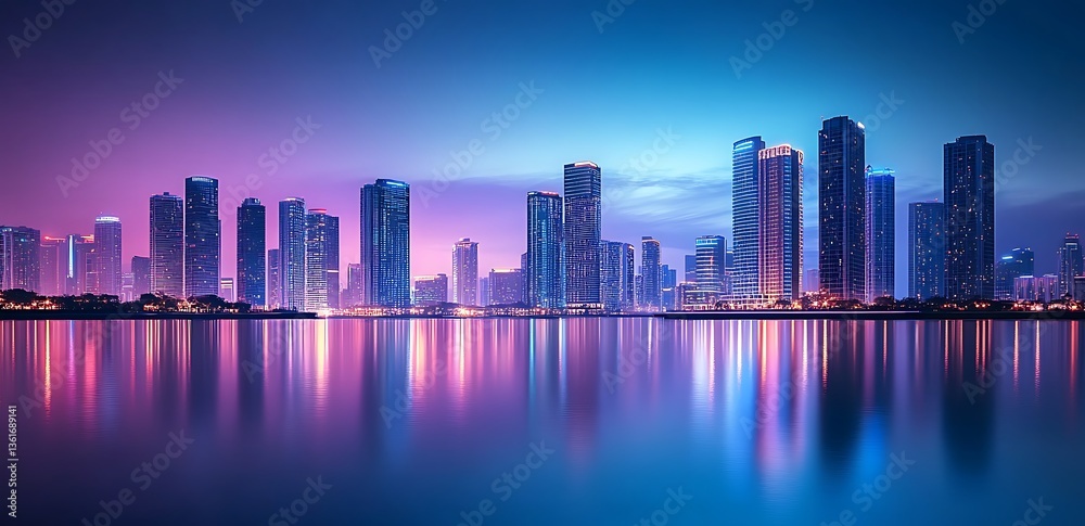 Fototapeta premium A purple neon cityscape with skyscrapers and buildings glowing in shades of blue, pink, or violet lights, Modern Futuristic Sci Fi Background