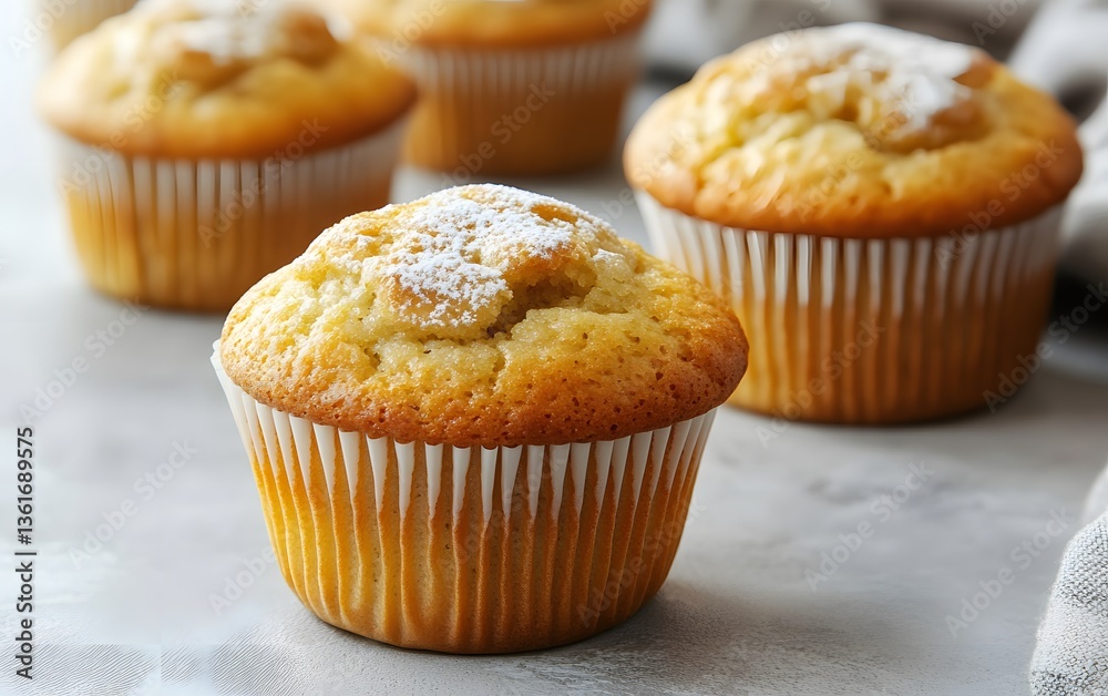 Delicious Golden Brown Muffins with Powdered Sugar Delicious Golden Brown Muffins with Powdered Sugar