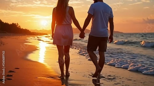 Romantic Couple Walking Hand in Hand on a Sunset Beach
