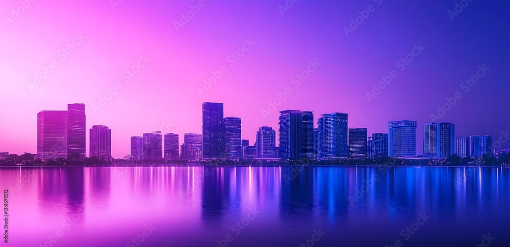 Fototapeta premium A purple neon cityscape with skyscrapers and buildings glowing in shades of blue, pink, or violet lights, Modern Futuristic Sci Fi Background