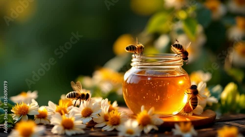 Golden Honey Jar with Busy Bees and Daisies