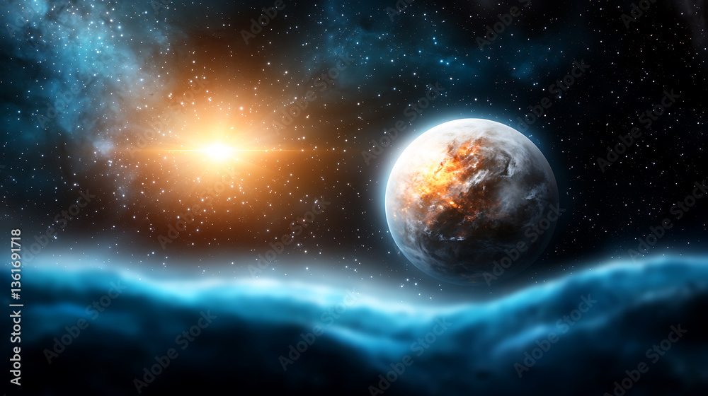 Naklejka premium Galactic enchantment a central glowing star over a cosmic landscape space digital art celestial environment awe-inspiring view universe concept