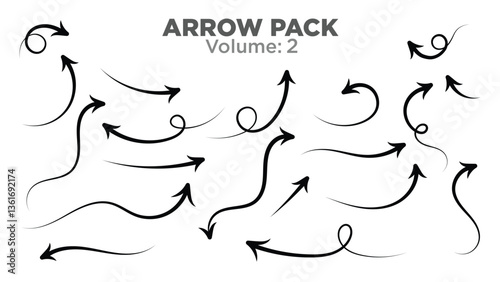 Vector illustration of curved arrows pack Vol 2 with different shapes of arrows and curve, black arrows pack