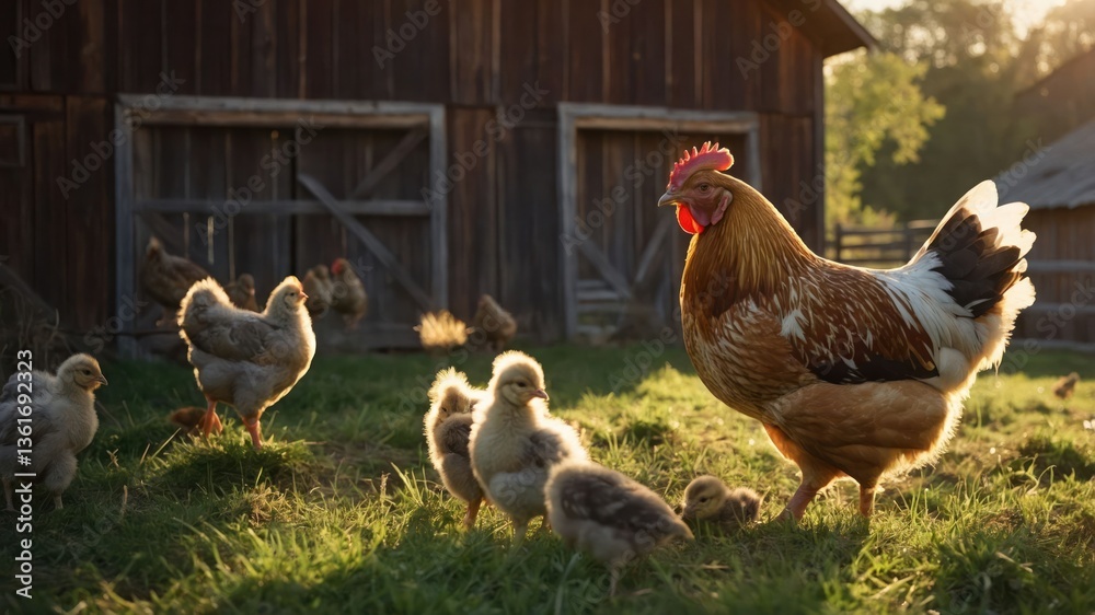 Fototapeta premium A rooster and chicks in a sunlit farmyard near a wooden barn.