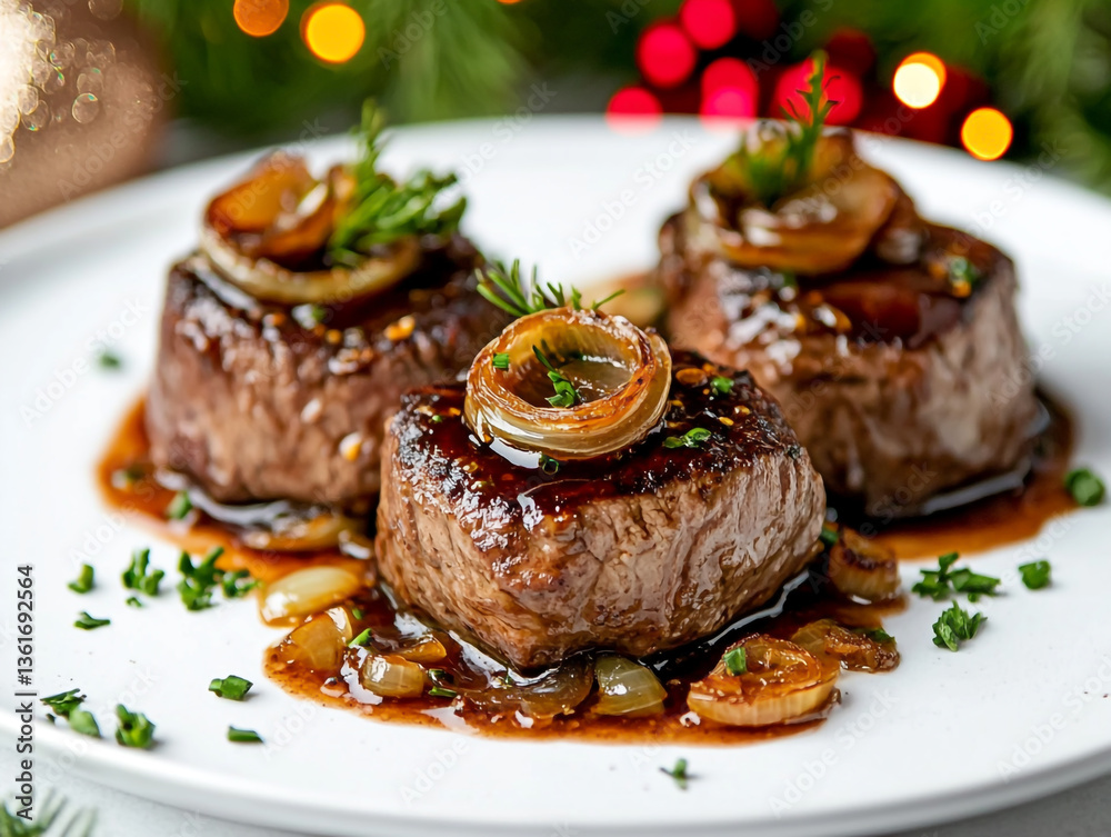 Beef fillet with sauce and onions on a white plate, close-up, with a Christmas background. Beef fillet with sauce and onions on a white plate, close-up, with a Christmas background.