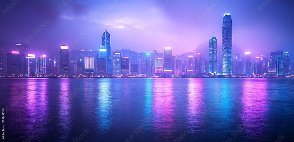 Fototapeta premium A purple neon cityscape with skyscrapers and buildings glowing in shades of blue, pink, or violet lights, Modern Futuristic Sci Fi Background