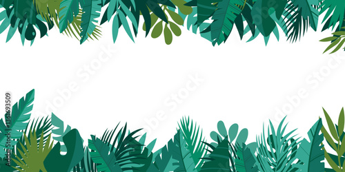 Lush jungle vector banner with dense tropical leaves in green and blue tones, natural and exotic effect, ideal for plant decoration, graphic design, web, printing, and stationery.