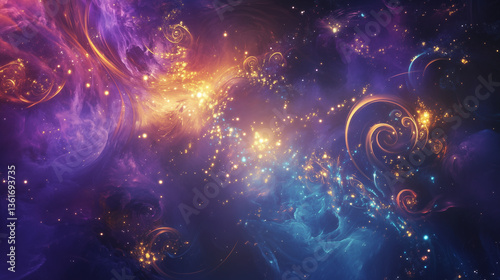 スピリチュアル空間幻想的なパープルとゴールドの宇宙星雲月夜ファンタジー