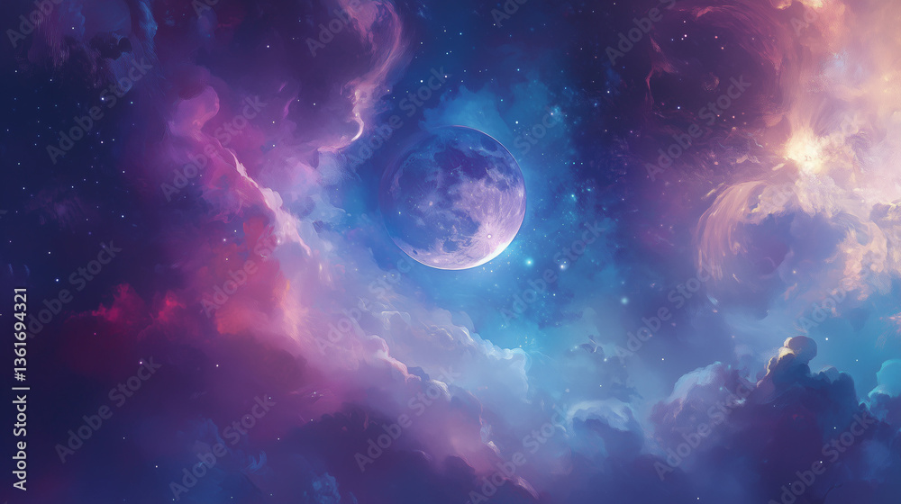 Obraz premium スピリチュアル空間幻想的なパープルとゴールドの宇宙星雲月夜ファンタジー