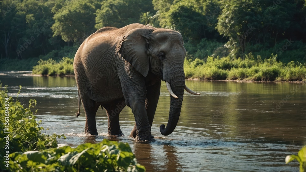 Fototapeta premium An elephant wades through a serene river surrounded by lush greenery.