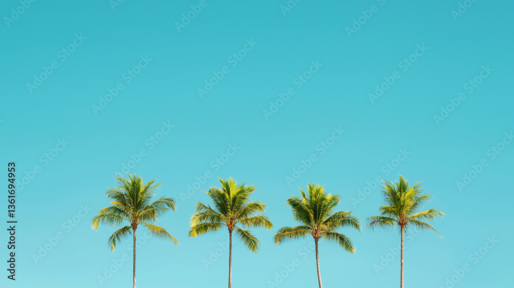 Lush palm trees against clear blue sky create serene tropical landscape, evoking sense of relaxation and tranquility Lush palm trees against clear blue sky create serene tropical landscape, evoking sense of relaxation and tranquility