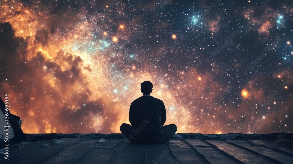 Contemplative serenity: A man meditating under a dazzling starry sky rooftop vista