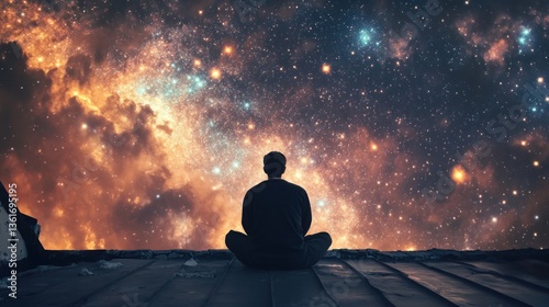 Obraz na płótnie Contemplative serenity: A man meditating under a dazzling starry sky rooftop vista w salonie