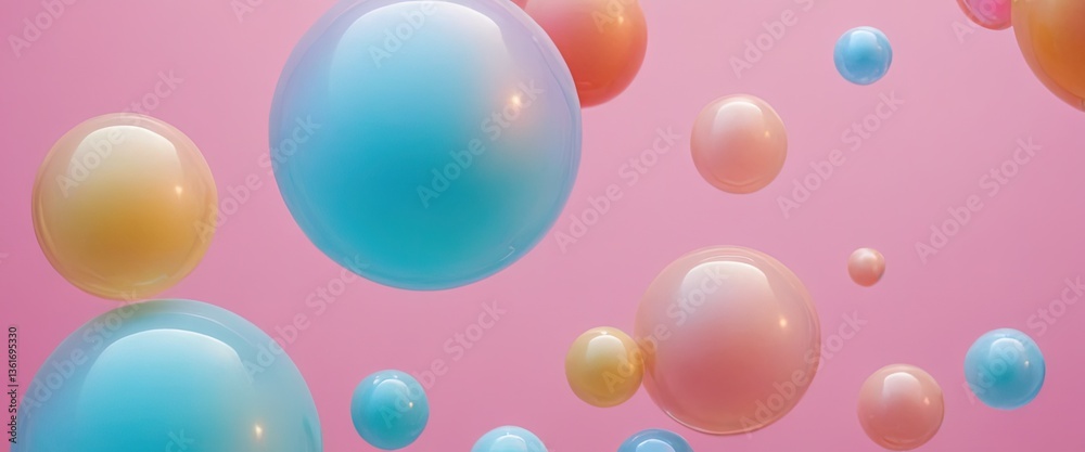 Floating Spheres: Captivating composition of iridescent spheres, in pastel hues, gently floating against a backdrop of soft pink. The scene evokes a sense of tranquility and wonder. Floating Spheres: Captivating composition of iridescent spheres, in pastel hues, gently floating against a backdrop of soft pink. The scene evokes a sense of tranquility and wonder.