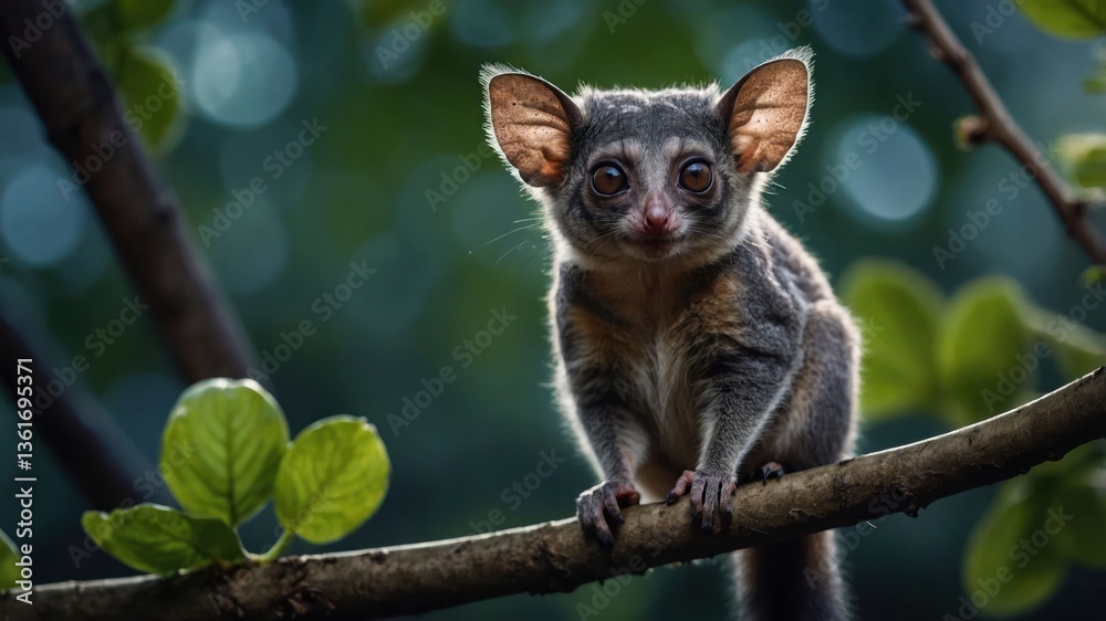 Naklejka premium A close-up of a cute, small animal perched on a branch in a lush, green environment.