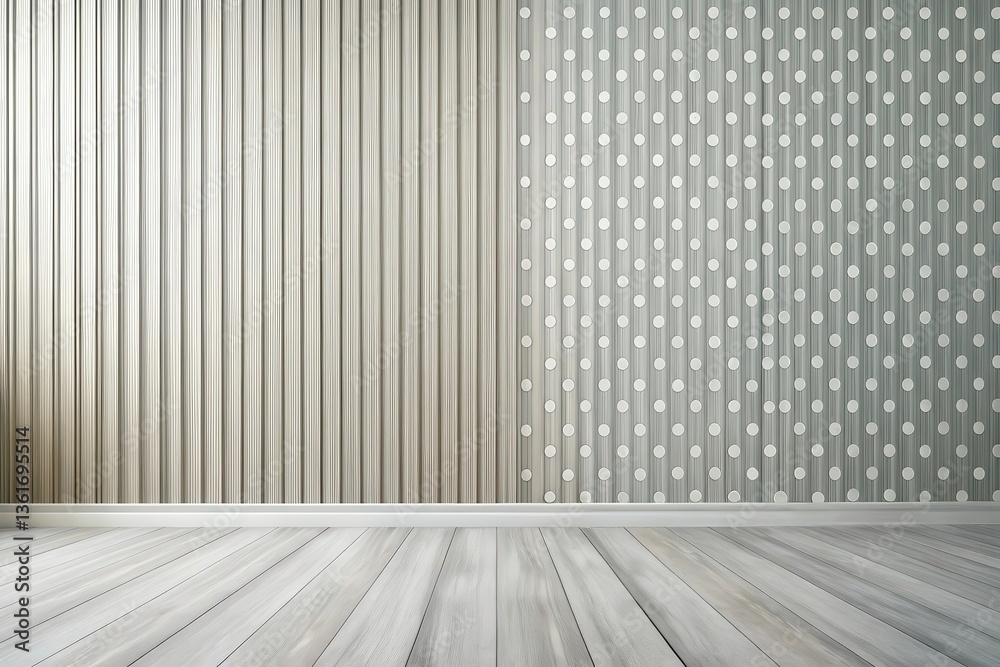Empty room interior design featuring vertical stripes and polka dots wall decor Empty room interior design featuring vertical stripes and polka dots wall decor