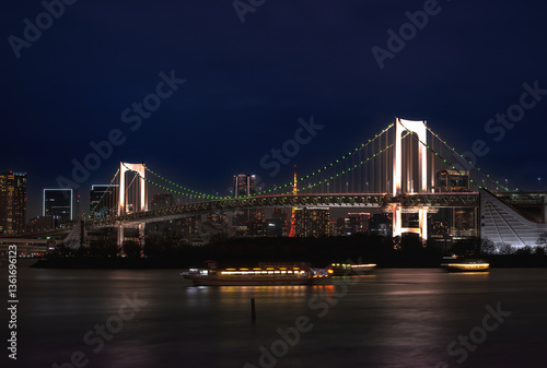 Japan- Kanto Region- Tokyo- Long exposure of Tokyo Bay and Rainbow Bridge at dusk