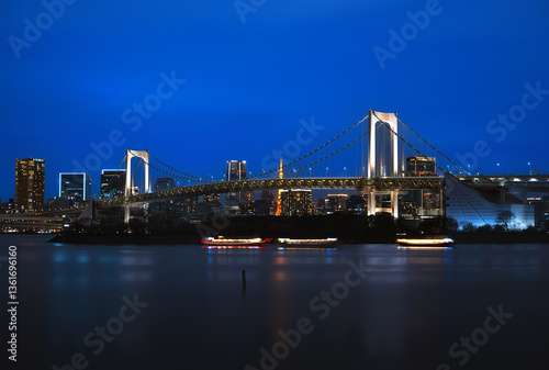 Japan- Kanto Region- Tokyo- Long exposure of Tokyo Bay and Rainbow Bridge at dusk