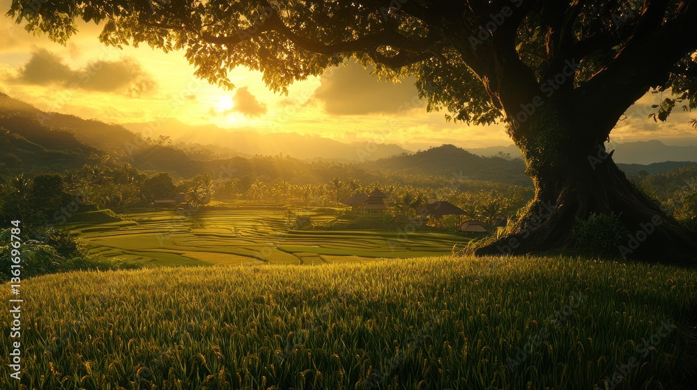 Obraz premium Sunrise over Rice Terraces, Lush Landscape, Peaceful Scene, Scenic View, Nature, Stock Photo