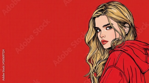 Portrait of a Confident Young Woman with Long Blonde Hair Wearing a Red Hooded Sweatshirt on a Vibrant Red Background, Capturing Modern Urban Style and Attitude