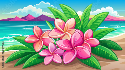 A cluster of vibrant pink plumeria flowers resting on sandy beach, with a soothing blurred ocean backdrop and palm leaves.