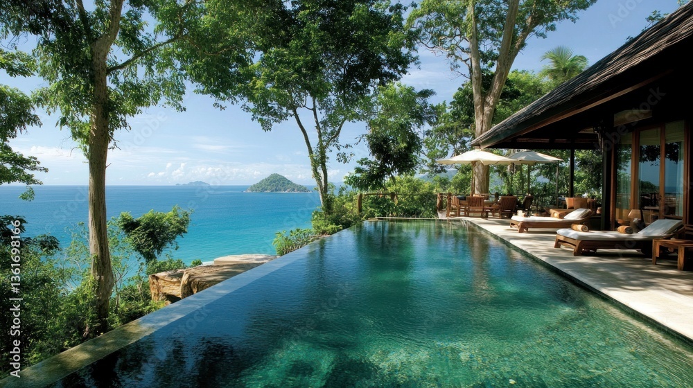 Obraz premium Seaside Serenity: Luxurious Tropical Resort with Infinity Pool Overlooking Turquoise Waters