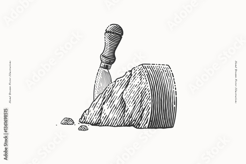 Parmesan. Hand-drawn wedge of hard cheese with cheese knife in engraving style. Artisan dairy product and gourmet food concept for design and print.