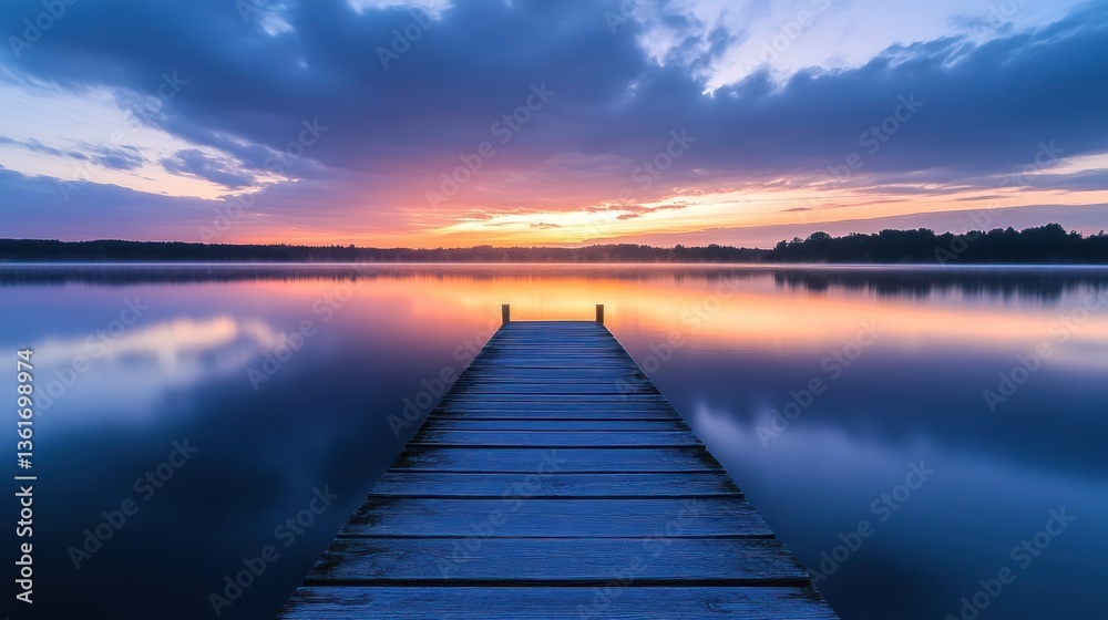 Obraz premium Calm lake sunrise, tranquil dock, peaceful morning, tranquil scene