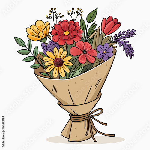 Create a bold, vector illustration of a vibrant bouquet of mixed wildflowers, featuring dynamic strokes and rich color gradients.