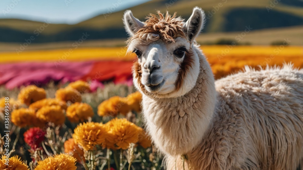 Obraz premium A fluffy alpaca stands amidst vibrant flowers in a picturesque landscape.