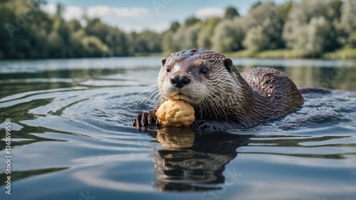 An otter swimming in a river, holding a piece of food in its mouth. photo