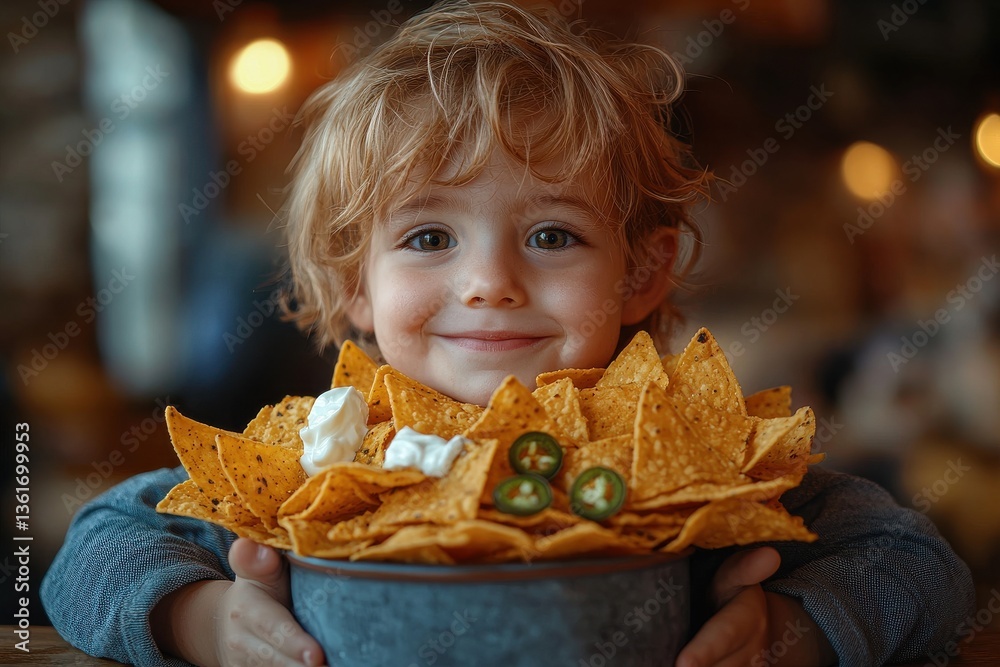 Naklejka premium Child happily holds a large bowl of nachos topped with jalapenos and sour cream in a cozy restaurant setting