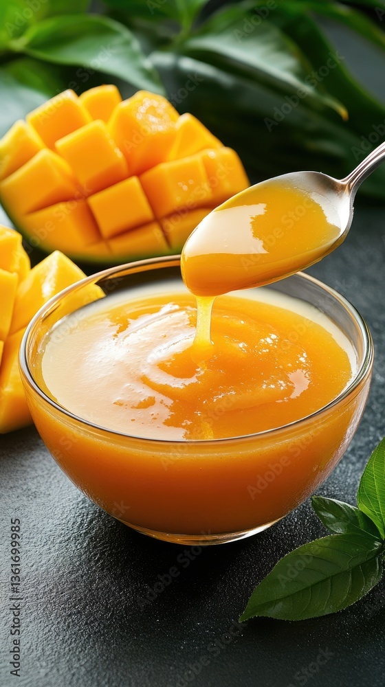 Mango sauce elegantly drips from a spoon into a glass bowl, complemented by scattered mango pieces and a dark blue background