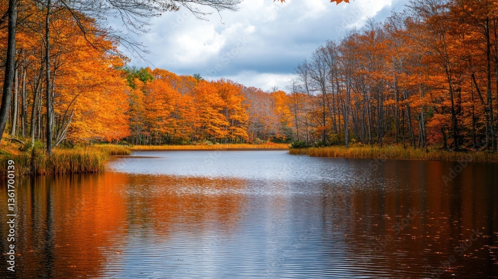 Obraz premium Autumnal serenity: Lakeside reflecting fiery foliage under a cloudy sky tableau
