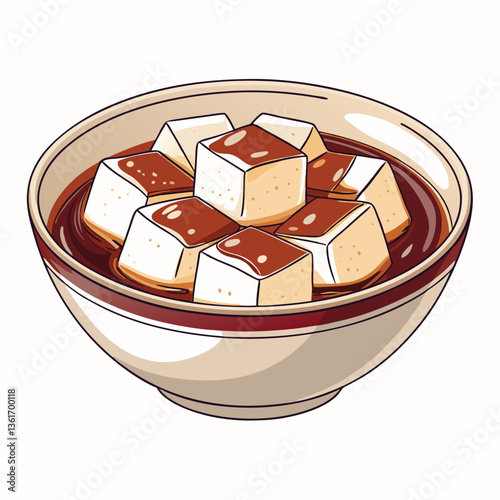 Create a bold, vector illustration of a bowl of silky tofu pudding, emphasizing texture and light.  Include shadows for depth.