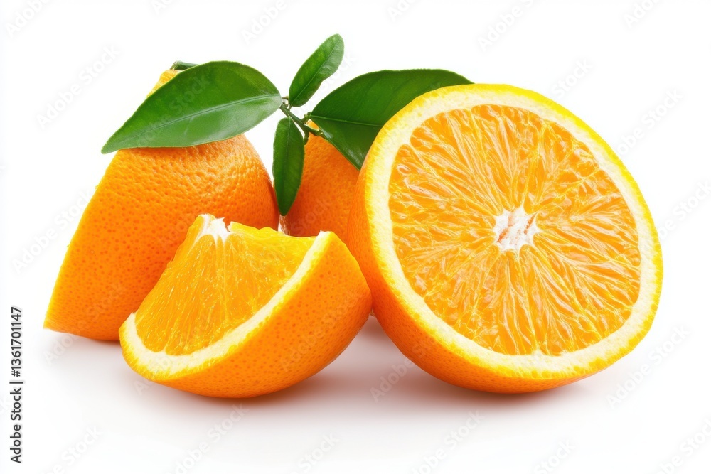Fresh Orange and Slices with Leaves Isolated on Clean White Background Fresh Orange and Slices with Leaves Isolated on Clean White Background