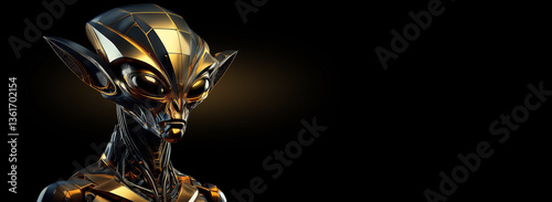 Extreme close-up, portrait of a black and gold alien robot with cubist geometric shapes, isolated on black background with copy space, blank wide banner. Generative Ai.