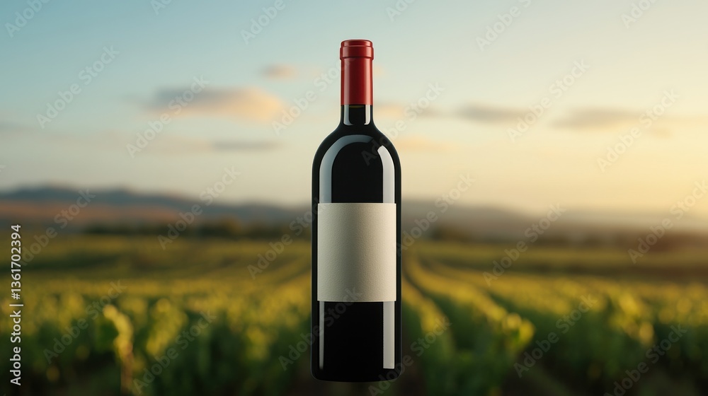 Fototapeta premium A front-facing red wine bottle in sharp focus, with blurred bottles in the background. Product showcase concept. Advertising photography.
